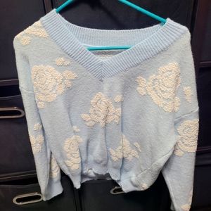 Shein sweater, light blue w/white flowere size large never worn